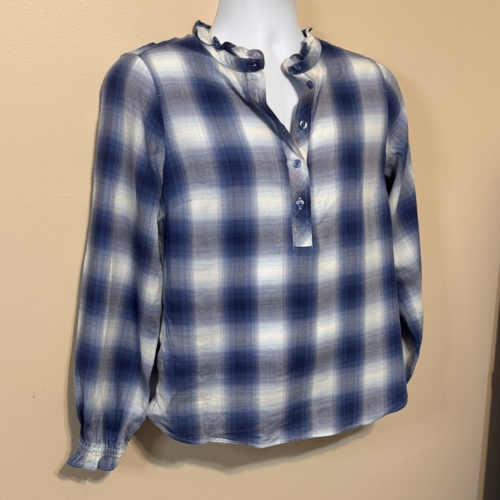 Talbots Blue and White Plaid Ruffle-Neck Henley Blouse. Size Medium Petite
